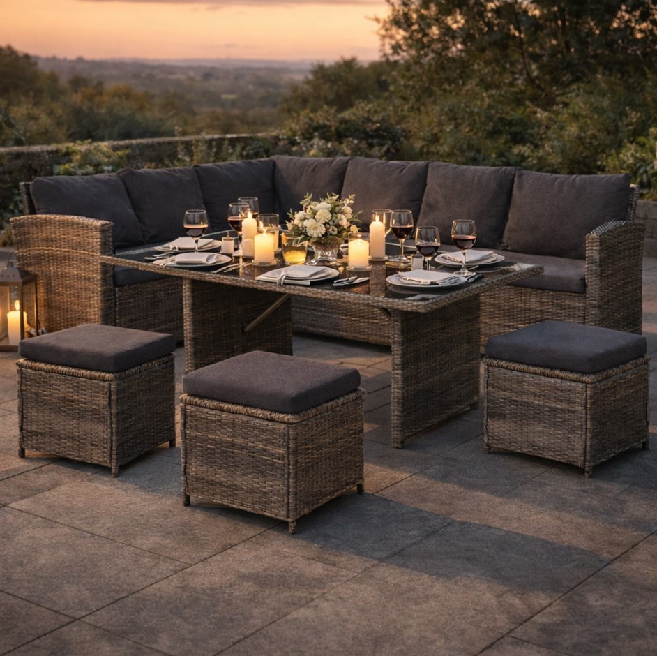 Zestaw mebli ogrodowych NATALIA narożnik stół 3 pufy technorattan szary